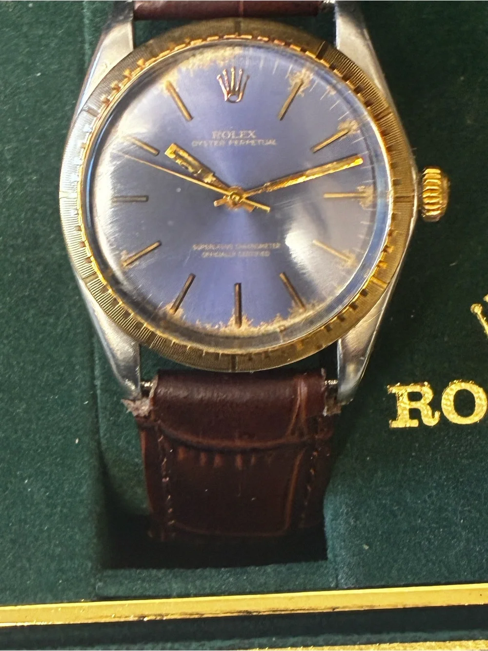 Rolex Oyster Perpetual 18k 35mm Blue Dial Fluted Bezel Watch 1005 W/Box